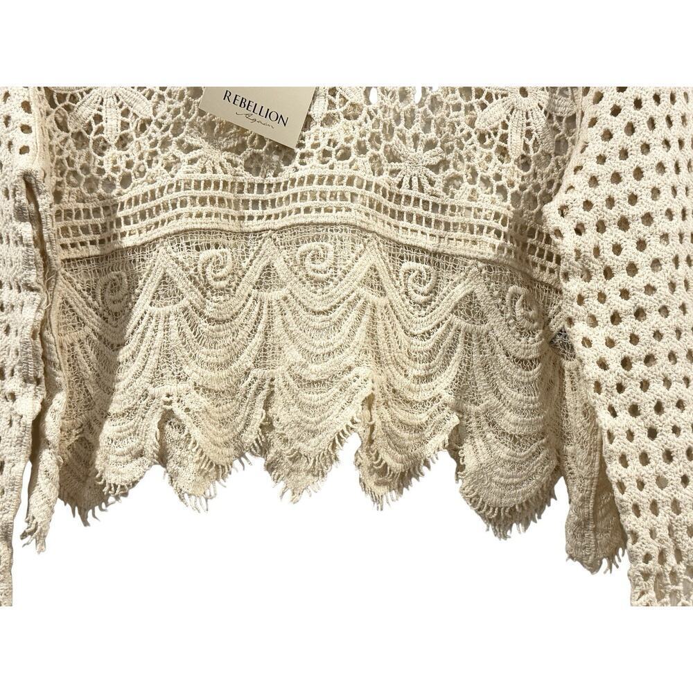 NWT Rebellion Cream Cotton Knit Crochet Crop Top: Size M Boho Fringe - Picture 2 of 11